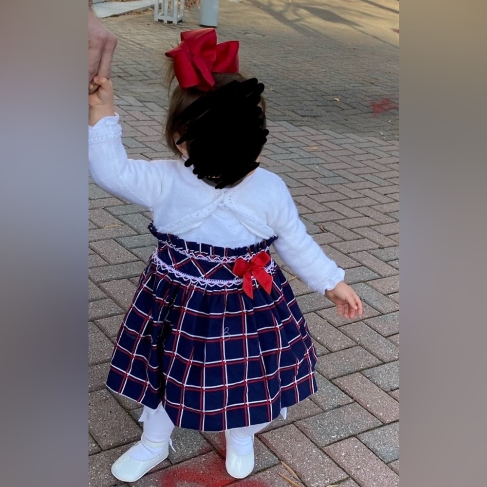 Navy Blue Plaid Kids Formal Dress with Red Bow - Picture 5 of 5